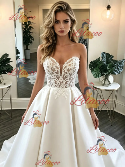 White Satin Strapless Lace Wedding Dress