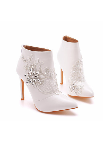 Thin-heeled Pointed Lace Rhinestone Boots