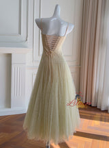 Green Lace Pleats Straps Prom Dress