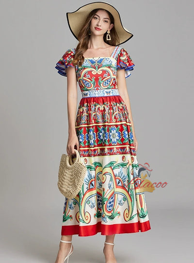 Printed Slim High Waist Flying Sleeve Dress