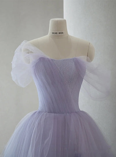 Purple Tulle Pleats Flower Short Prom Dress