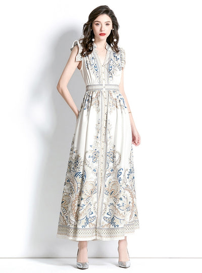 Retro Palace Style V-neck Printed Dress