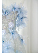 Blue Tulle Sequins Off the Shoulder Flower Prom Dress