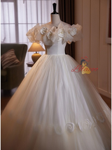 White Tulle 3D Flower Wedding Dress