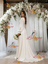 Beige White Long Sleeve Pleats Backless Wedding Dress