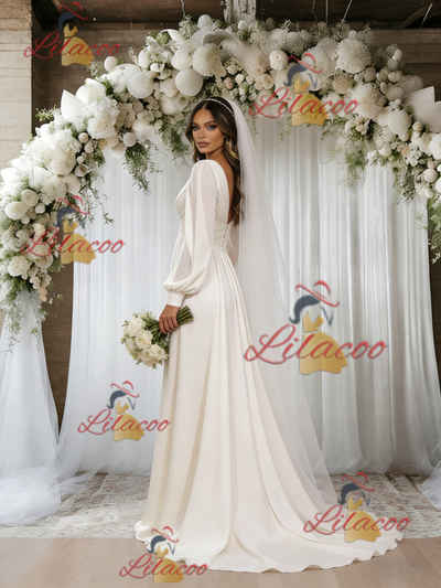 Beige White Long Sleeve Pleats Backless Wedding Dress