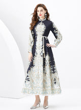 Retro Long-sleeved Single-breasted Printed Dress