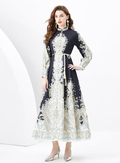 Retro Long-sleeved Single-breasted Printed Dress