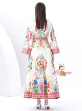 Palace Wind Horn Sleeve Button Printed Dress