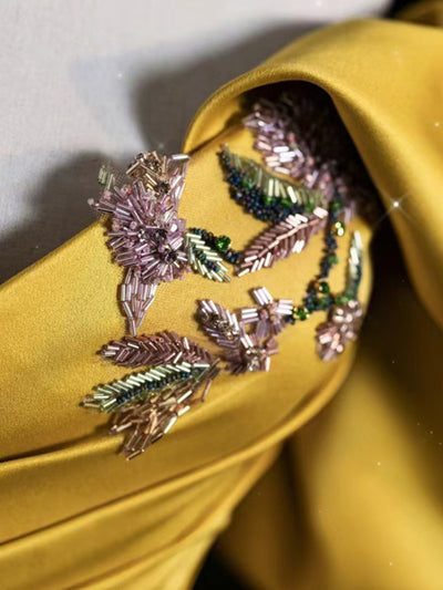 Yellow Satin Pleats Beading Prom Dress