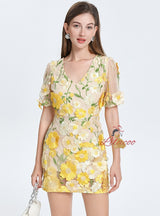 Seaside Flower V-neck Bubble Sleeve Dress