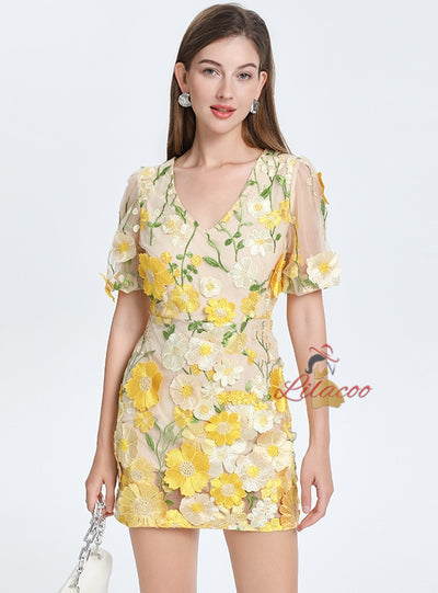 Seaside Flower V-neck Bubble Sleeve Dress
