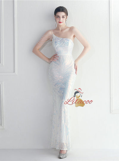 Mermaid Sequins One Shoulder Beading Prom Dress