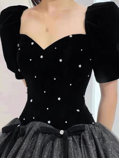 Black Tulle Velvet Puff Sleeve Prom Dress