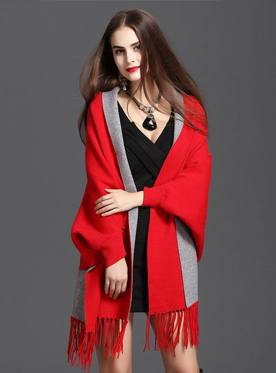 Large Size Fringed Knitted Double Cardigan Shawl