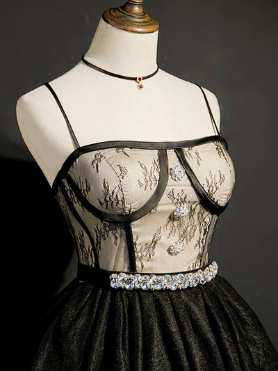 Black Tulle Lace Straps Crystal Homecoming Dress