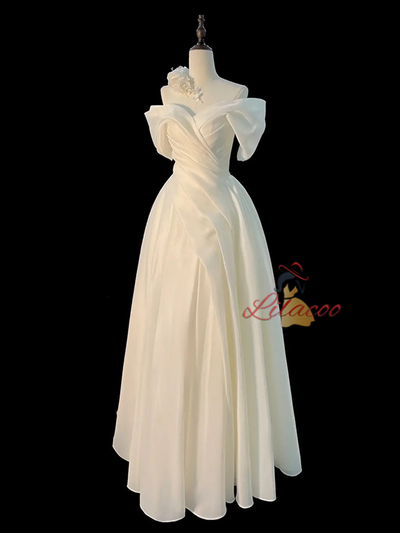 White Satin Pleats Wedding Dress