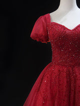 Burgundy Tulle Sequins Short Sleeve Homecoming Dress