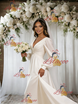 Beige White Long Sleeve Pleats Backless Wedding Dress