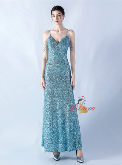 Spaghetti Straps V-neck Beading Prom Dress