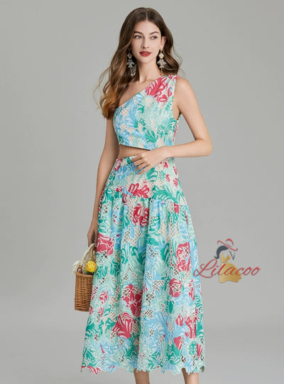 Embroidered Printed One-shoulder Slim Dress