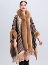 Hooded Tassel Jacquard Knitted Shawl Cloak