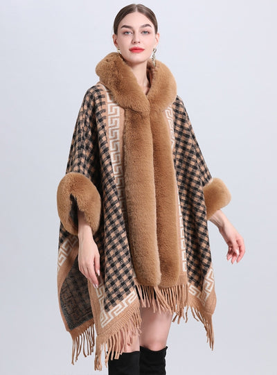 Hooded Tassel Jacquard Knitted Shawl Cloak