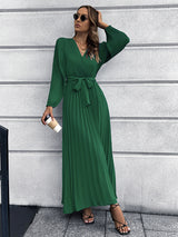 V-neck Long-sleeved Pleated Long Dress