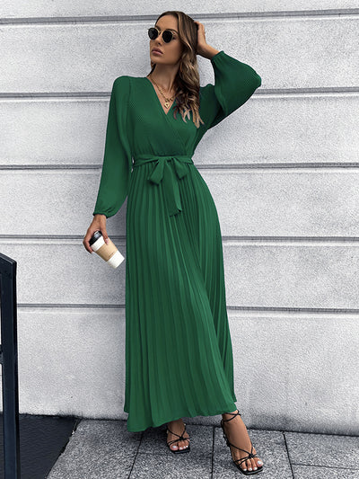 V-neck Long-sleeved Pleated Long Dress