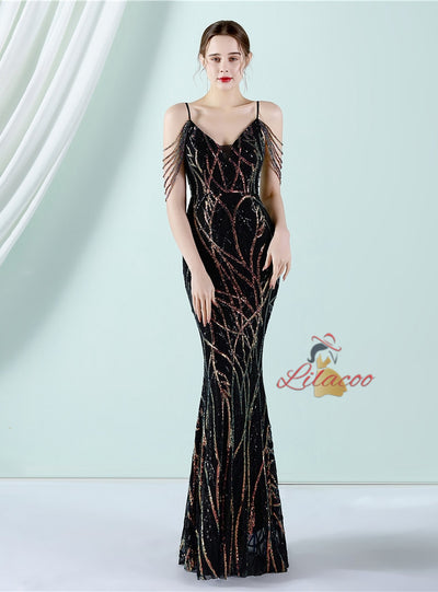 Sling Sequins Beading Long Slim Dress