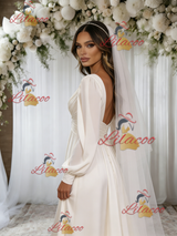 Beige White Long Sleeve Pleats Backless Wedding Dress