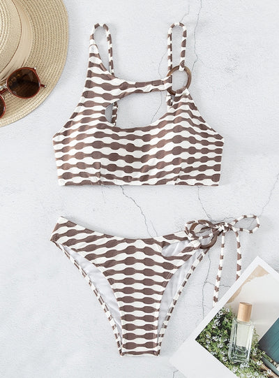 Three-point Openwork Striped Swimsuit