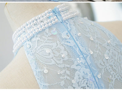 Blue Chiffon Lace Halter Beading Prom Dress