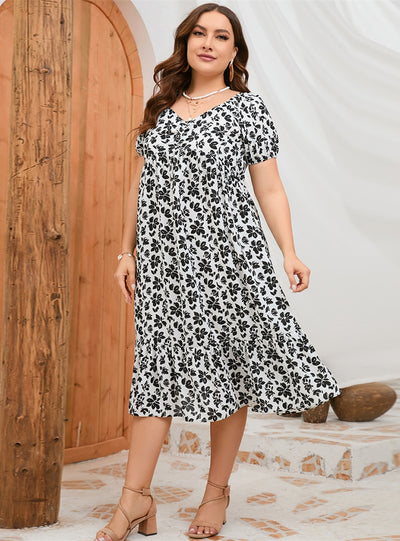 Bubble Sleeve Ruffled Printed Slim Dress