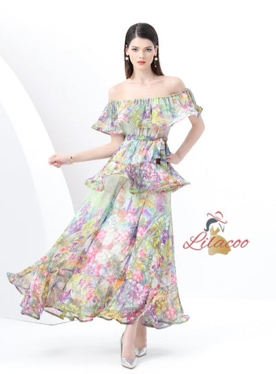 Printed Ruffled Chiffon Dress