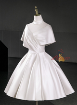 White Satin High Neck Pleats Wedding Dress