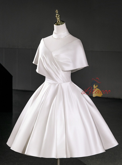 White Satin High Neck Pleats Wedding Dress