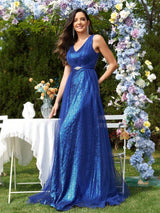 Royal Blue Sequins V-neck Prom Dress