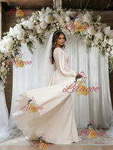 Beige White Long Sleeve Pleats Backless Wedding Dress