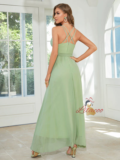 Green Chiffon Spaghetti Straps Split Party Dress