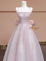 Pink Sequins Spaghetti Straps Prom Dress With Bow