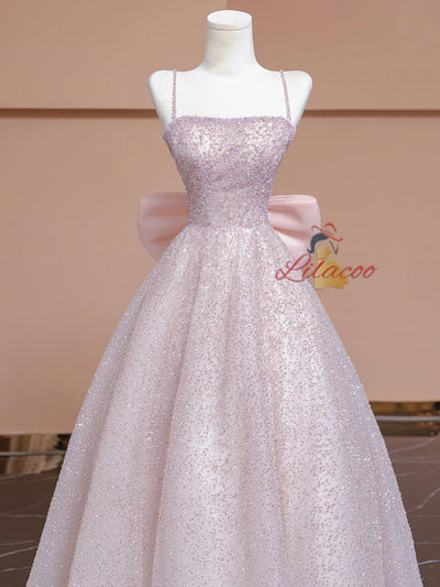Pink Sequins Spaghetti Straps Prom Dress With Bow