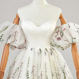 White Tulle Embroidery Puff Sleeve Prom Dress