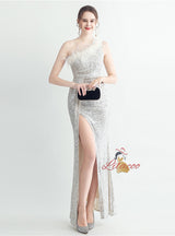 One Shoulder Sequins Split Prom Dress