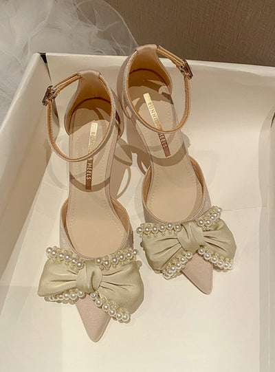 One-button Pearl Bow High Heels Shoes