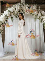 Beige White Long Sleeve Pleats Backless Wedding Dress