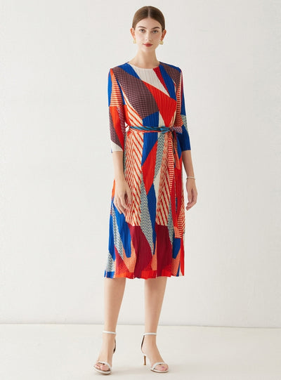 Cropped Sleeve Round Neck Printed Pleated Dress