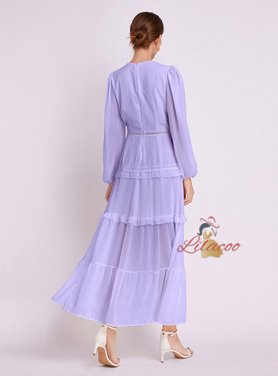 Deep V-neck Lace Long Sleeve Split Dress