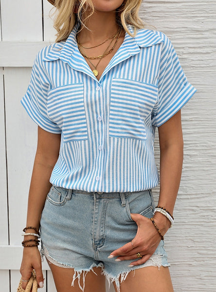 Spliced Lapel Striped Top Shirt