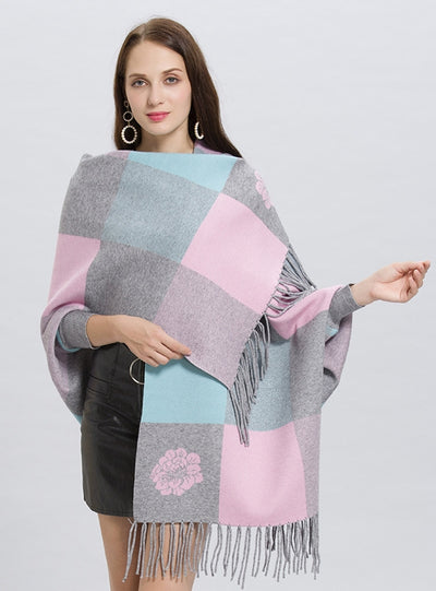 Plaid Fringed Knit Cardigan Shawl Coat